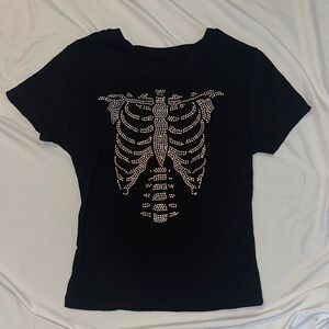 Black T-Shirt with Rhinestone Skeleton Design